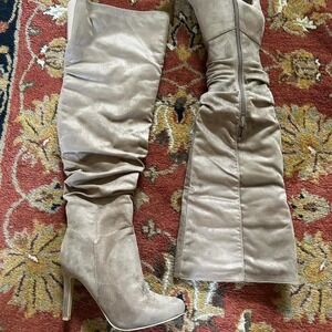 Tan and cream JustFab Khadijah Taupe knee-high boots with a 4.5" heel NWT